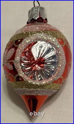 Vintage Christmas Ornament Glass Reflector Indent Teardrop Pink/Red Glitter x7