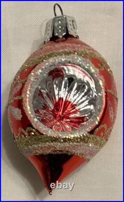 Vintage Christmas Ornament Glass Reflector Indent Teardrop Pink/Red Glitter x7