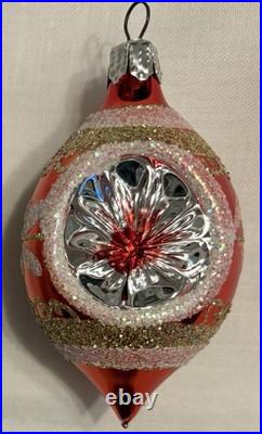 Vintage Christmas Ornament Glass Reflector Indent Teardrop Pink/Red Glitter x7