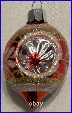 Vintage Christmas Ornament Glass Reflector Indent Teardrop Pink/Red Glitter x7