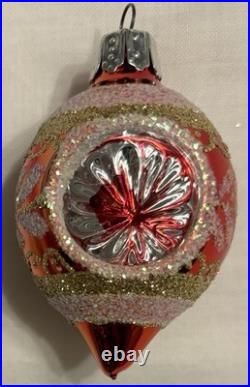 Vintage Christmas Ornament Glass Reflector Indent Teardrop Pink/Red Glitter x7