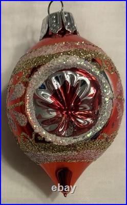 Vintage Christmas Ornament Glass Reflector Indent Teardrop Pink/Red Glitter x7