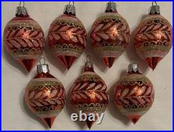 Vintage Christmas Ornament Glass Reflector Indent Teardrop Pink/Red Glitter x7