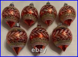 Vintage Christmas Ornament Glass Reflector Indent Teardrop Pink/Red Glitter x7