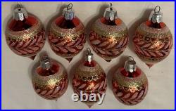 Vintage Christmas Ornament Glass Reflector Indent Teardrop Pink/Red Glitter x7