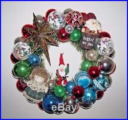 Vintage Christmas Ornament Wreath Shiny Brite 17 OOAK Handmade Red Blue Decor