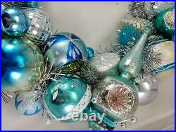 Vintage Christmas Ornament Wreath WithBlue & Silver Mercury Glass 17 Handmade