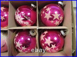 Vintage Christmas Pink Jumbo Glass Shiny Brite Ornaments Stencil Stars Merry