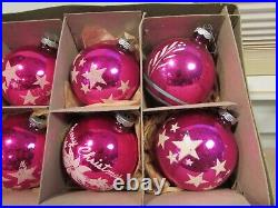 Vintage Christmas Pink Jumbo Glass Shiny Brite Ornaments Stencil Stars Merry
