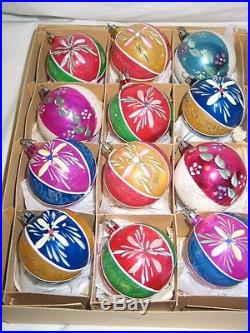 Vintage Christmas Poland Glass Ornaments Hand Painted Flowers Beauiful IOB