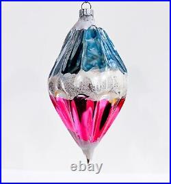 Vintage Corning Fluted Teardrop Blue & Pink Blown Glass Christmas Ornament