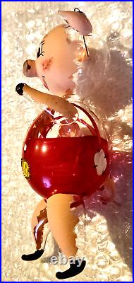 Vintage DE CARLINI Hand Painted BLOWN GLASS PIG CHRISTMAS ORNAMENT Porky