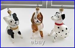 Vintage DI Carlini Puppy Dog Trio Italian Blown Glass Christmas Ornament Set