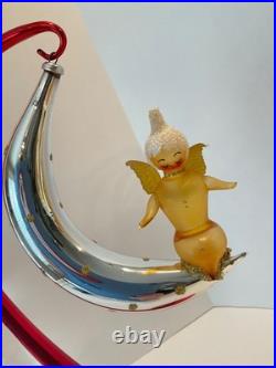 Vintage De Carlini Glass Christmas Ornament ANGEL IN CRESCENT MOON Italy Made A