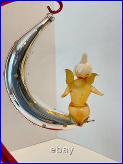 Vintage De Carlini Glass Christmas Ornament ANGEL IN CRESCENT MOON Italy Made A