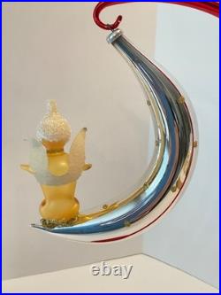 Vintage De Carlini Glass Christmas Ornament ANGEL IN CRESCENT MOON Italy Made A
