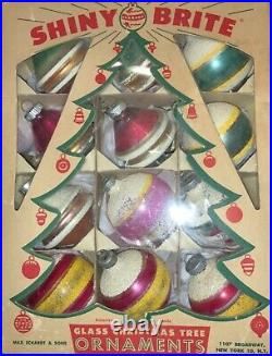 Vintage Dozen Shiny Brite Glass Christmas Ornaments Mica, Ufo, Round Stripes