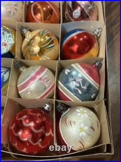 Vintage Fantasia Teardrop Indent Hand Painted Flower Glass Christmas Ornaments
