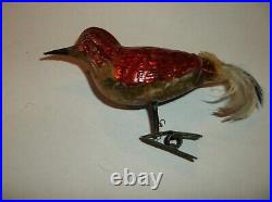 Vintage German Blown Glass Bird On A Clip Christmas Ornament Red Gold Look