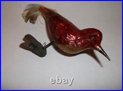 Vintage German Blown Glass Bird On A Clip Christmas Ornament Red Gold Look