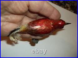 Vintage German Blown Glass Bird On A Clip Christmas Ornament Red Gold Look