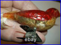 Vintage German Blown Glass Bird On A Clip Christmas Ornament Red Gold Look