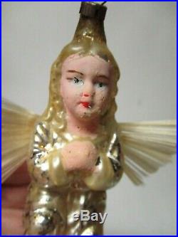 Vintage Germany Glass Christmas Ornament Angel w Spun Glass Wings ML