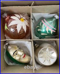 Vintage Glass Christmas Ornaments 3 Large Shapes Mica Tinsel USA, Germany withbox