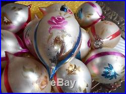 Vintage Glass Christmas Ornaments, Bulbs, POLAND Florals, Mica Glitter, SUPERB