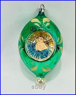 Vintage Glass Embossed Angel 2 Side Indent Teardrop Christmas Ornament Germany