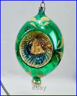 Vintage Glass Embossed Angel 2 Side Indent Teardrop Christmas Ornament Germany