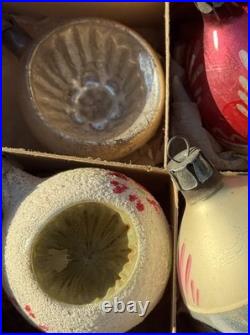 Vintage Glass Indent Mica Polish Christmas Ornaments Frosted Hand Painted MCM