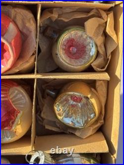 Vintage Glass Indent Mica Polish Christmas Ornaments Frosted Hand Painted MCM