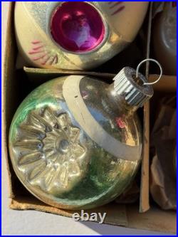 Vintage Glass Indent Mica Polish Christmas Ornaments Frosted Hand Painted MCM