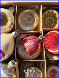 Vintage Glass Indent Mica Polish Christmas Ornaments Frosted Hand Painted MCM