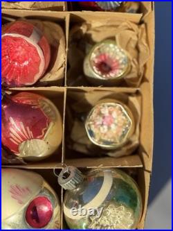 Vintage Glass Indent Mica Polish Christmas Ornaments Frosted Hand Painted MCM