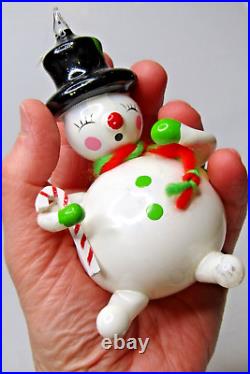 Vintage Glass SNOWMAN in HAT w CANDY CANE Christmas Ornament De Carlini Italy