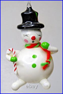 Vintage Glass SNOWMAN in HAT w CANDY CANE Christmas Ornament De Carlini Italy