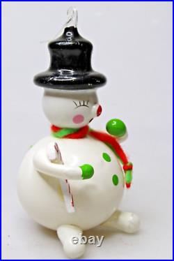 Vintage Glass SNOWMAN in HAT w CANDY CANE Christmas Ornament De Carlini Italy