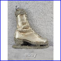 Vintage Gold Ice Skate Christmas Ornament Blown Glass Beaded Blade