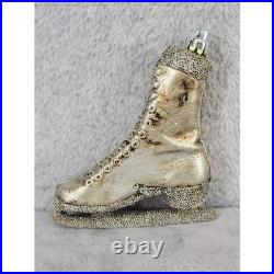 Vintage Gold Ice Skate Christmas Ornament Blown Glass Beaded Blade
