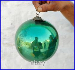 Vintage Green Glass 6.4 German Kugel Christmas Ornament 5 Leaves Brass Cap 258