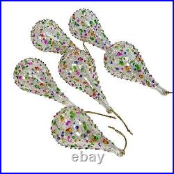 Vintage Handblown Glass Christmas Ornament Hand Painted Tear Drops Set Of 6 Pear