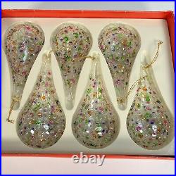 Vintage Handblown Glass Christmas Ornament Hand Painted Tear Drops Set Of 6 Pear
