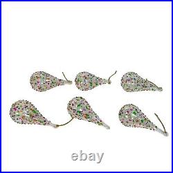 Vintage Handblown Glass Christmas Ornament Hand Painted Tear Drops Set Of 6 Pear