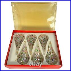 Vintage Handblown Glass Christmas Ornament Hand Painted Tear Drops Set Of 6 Pear