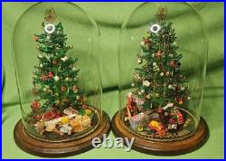 Vintage Handmade Beaded Christmas Tree Dioramas Under Glass Domes Set of 2