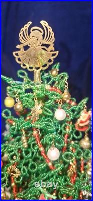 Vintage Handmade Beaded Christmas Tree Dioramas Under Glass Domes Set of 2