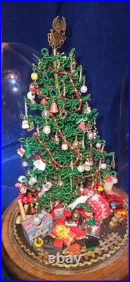 Vintage Handmade Beaded Christmas Tree Dioramas Under Glass Domes Set of 2