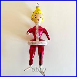 Vintage Italian Blown Glass Ornament 1950s Pink Woman Ice Skater Christmas